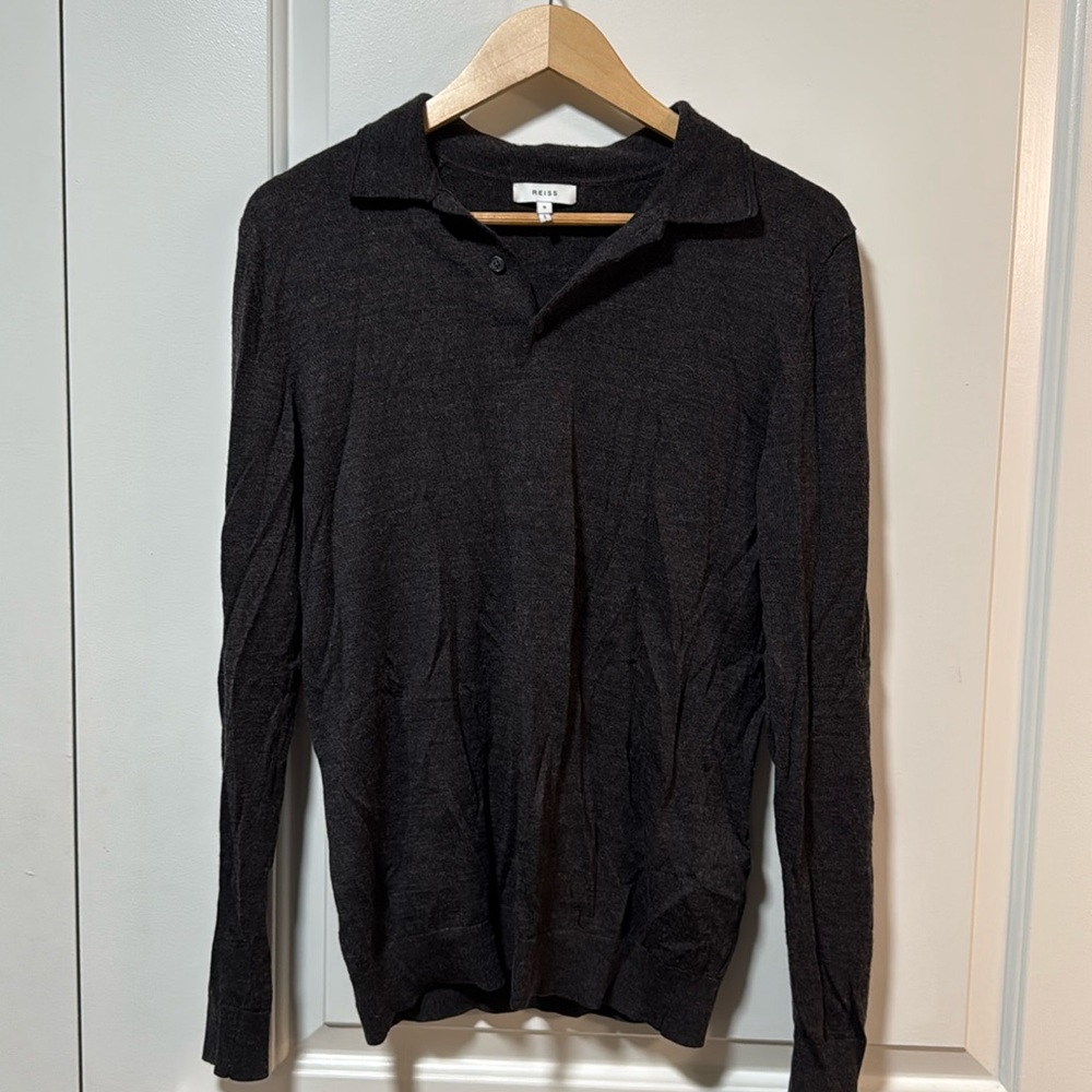 Reiss brown LS wool sweater polo, size small